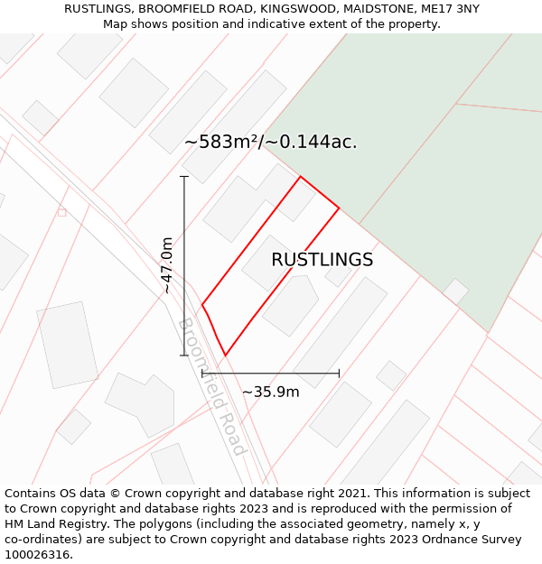 RUSTLINGS, BROOMFIELD ROAD, KINGSWOOD, MAIDSTONE, ME17 3NY: Plot and title map