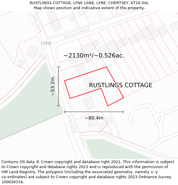 RUSTLINGS COTTAGE, LYNE LANE, LYNE, CHERTSEY, KT16 0AL: Plot and title map