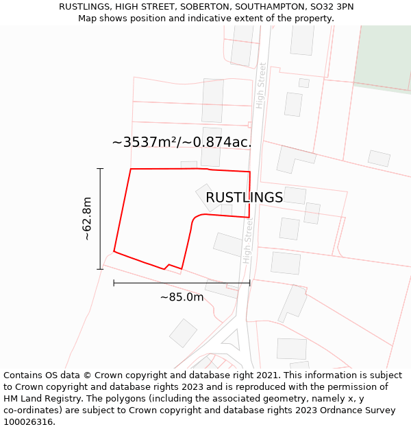 RUSTLINGS, HIGH STREET, SOBERTON, SOUTHAMPTON, SO32 3PN: Plot and title map