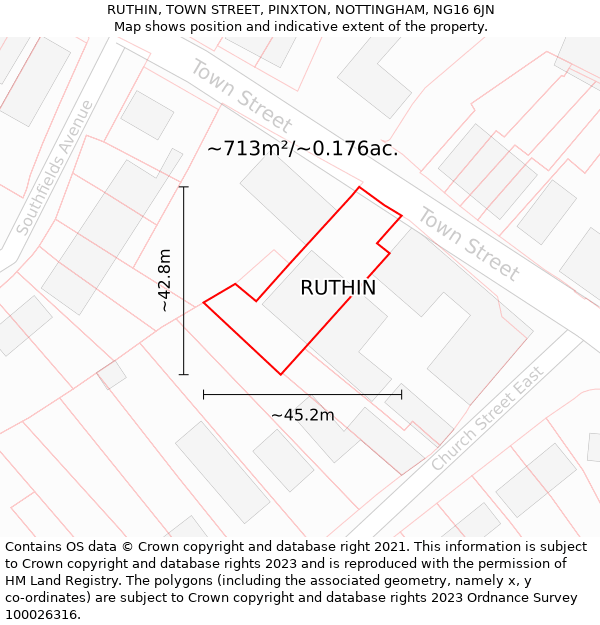 RUTHIN, TOWN STREET, PINXTON, NOTTINGHAM, NG16 6JN: Plot and title map