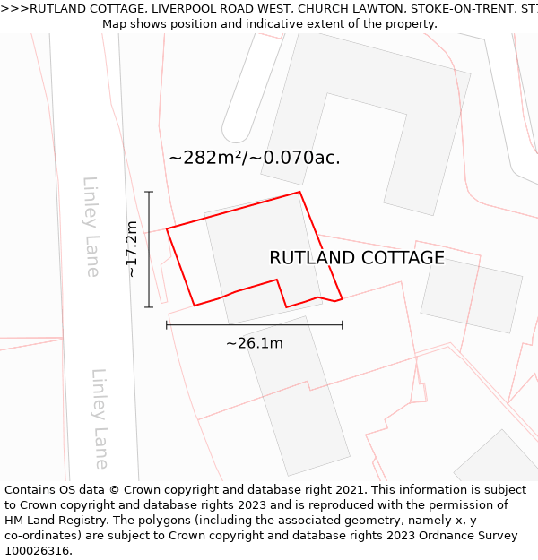 RUTLAND COTTAGE, LIVERPOOL ROAD WEST, CHURCH LAWTON, STOKE-ON-TRENT, ST7 3DZ: Plot and title map