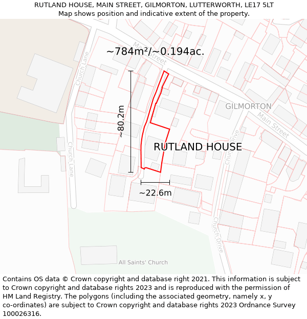 RUTLAND HOUSE, MAIN STREET, GILMORTON, LUTTERWORTH, LE17 5LT: Plot and title map