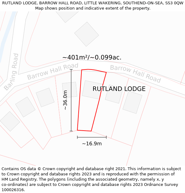 RUTLAND LODGE, BARROW HALL ROAD, LITTLE WAKERING, SOUTHEND-ON-SEA, SS3 0QW: Plot and title map