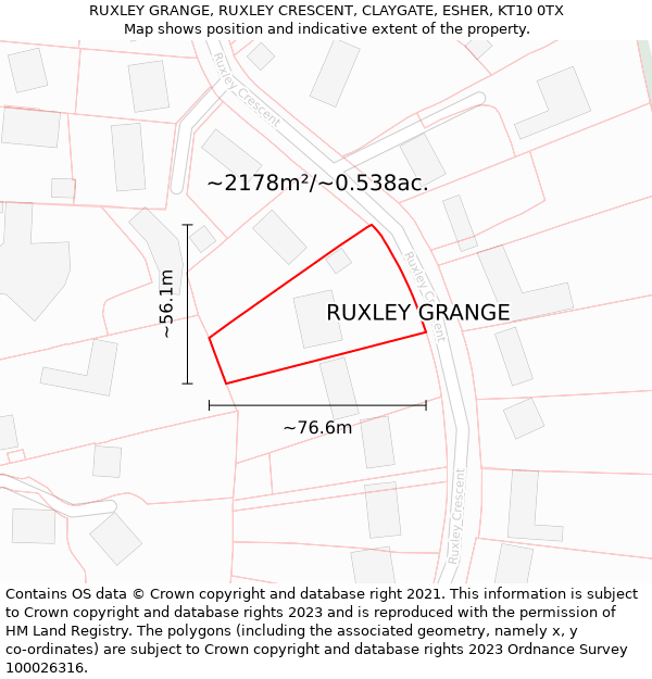 RUXLEY GRANGE, RUXLEY CRESCENT, CLAYGATE, ESHER, KT10 0TX: Plot and title map