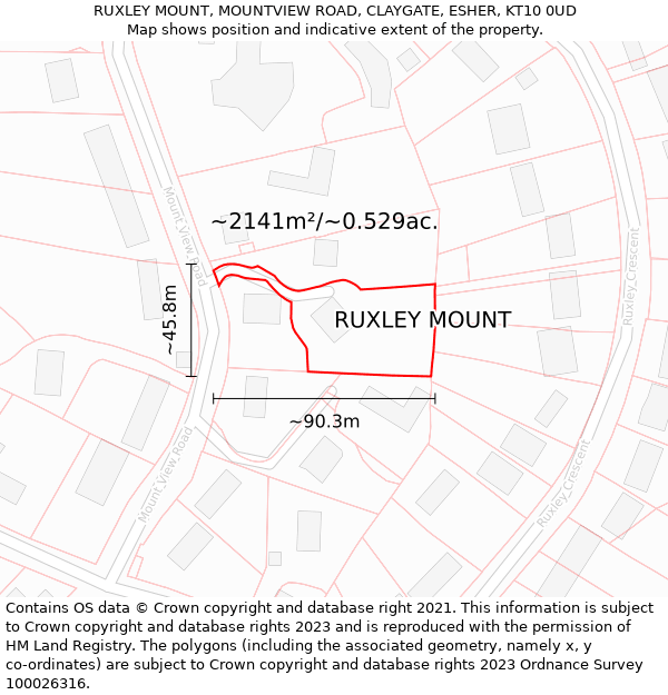 RUXLEY MOUNT, MOUNTVIEW ROAD, CLAYGATE, ESHER, KT10 0UD: Plot and title map