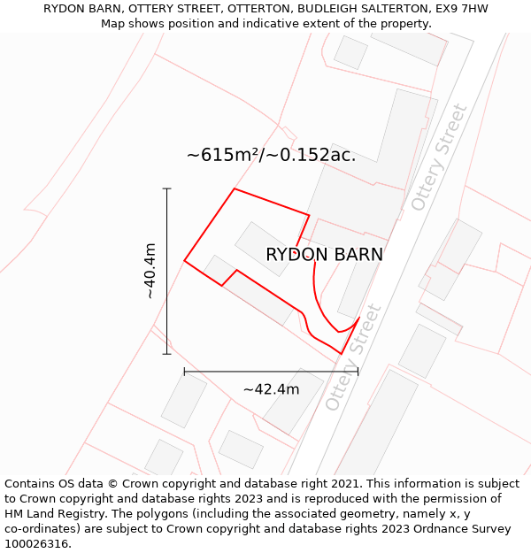 RYDON BARN, OTTERY STREET, OTTERTON, BUDLEIGH SALTERTON, EX9 7HW: Plot and title map