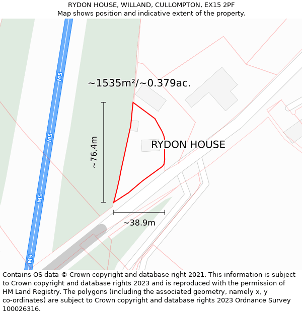 RYDON HOUSE, WILLAND, CULLOMPTON, EX15 2PF: Plot and title map
