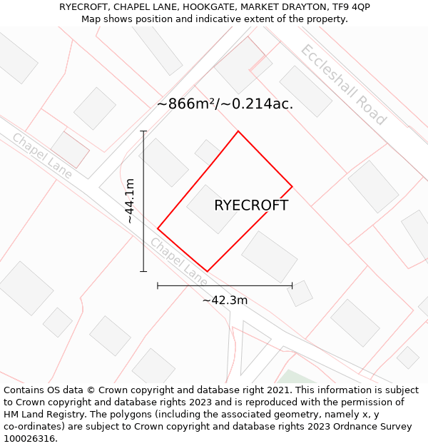 RYECROFT, CHAPEL LANE, HOOKGATE, MARKET DRAYTON, TF9 4QP: Plot and title map