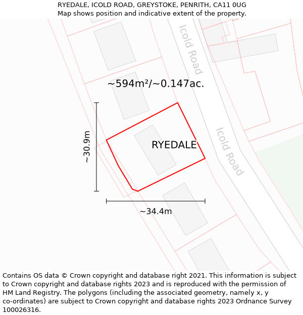 RYEDALE, ICOLD ROAD, GREYSTOKE, PENRITH, CA11 0UG: Plot and title map