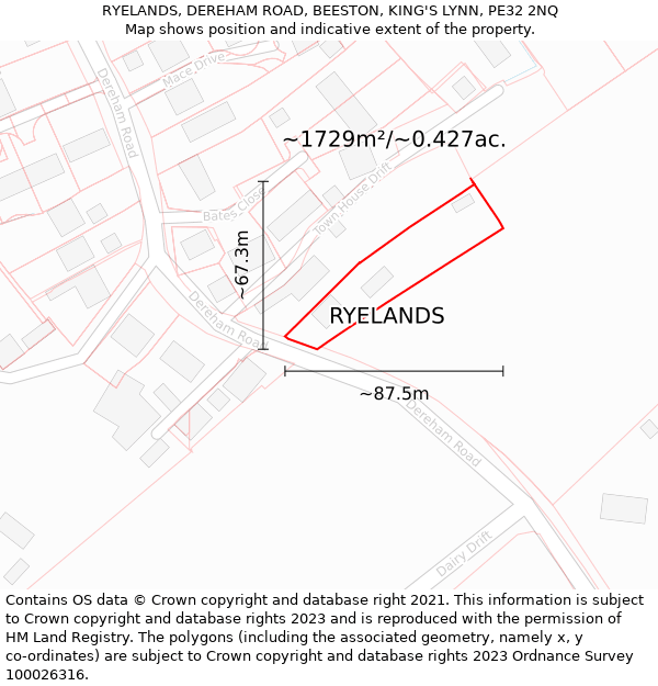 RYELANDS, DEREHAM ROAD, BEESTON, KING'S LYNN, PE32 2NQ: Plot and title map