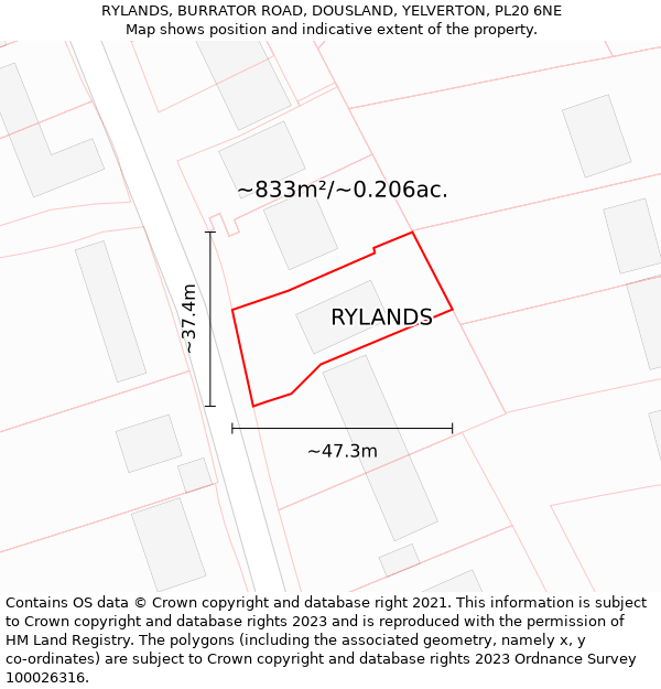 RYLANDS, BURRATOR ROAD, DOUSLAND, YELVERTON, PL20 6NE: Plot and title map