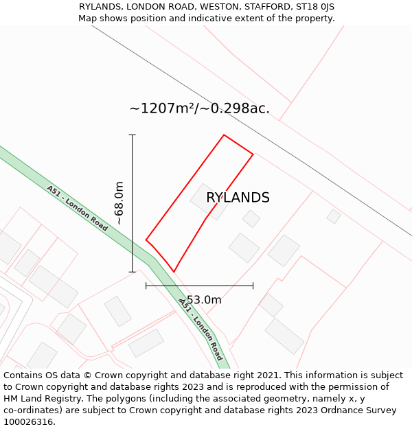 RYLANDS, LONDON ROAD, WESTON, STAFFORD, ST18 0JS: Plot and title map