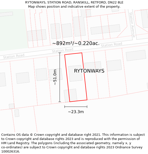 RYTONWAYS, STATION ROAD, RANSKILL, RETFORD, DN22 8LE: Plot and title map