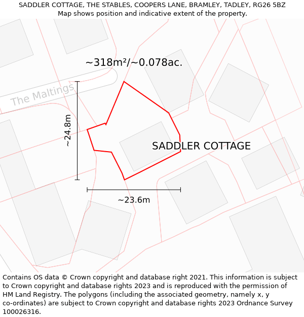 SADDLER COTTAGE, THE STABLES, COOPERS LANE, BRAMLEY, TADLEY, RG26 5BZ: Plot and title map