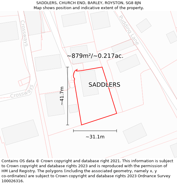 SADDLERS, CHURCH END, BARLEY, ROYSTON, SG8 8JN: Plot and title map