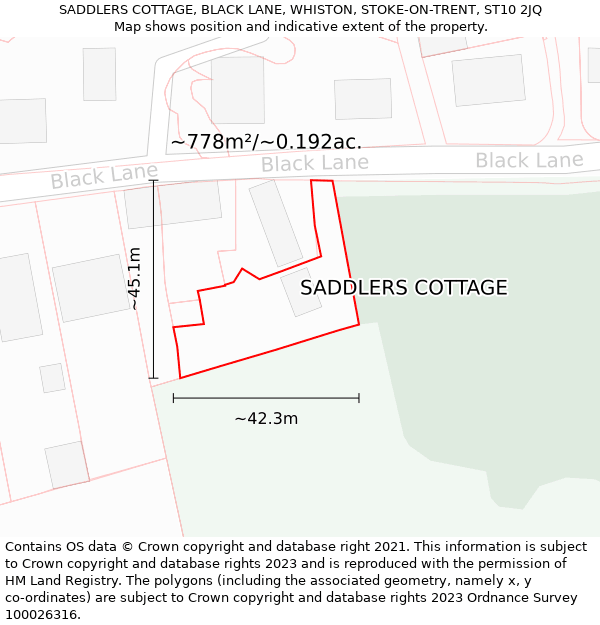 SADDLERS COTTAGE, BLACK LANE, WHISTON, STOKE-ON-TRENT, ST10 2JQ: Plot and title map