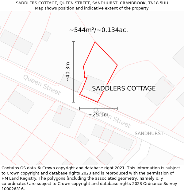 SADDLERS COTTAGE, QUEEN STREET, SANDHURST, CRANBROOK, TN18 5HU: Plot and title map