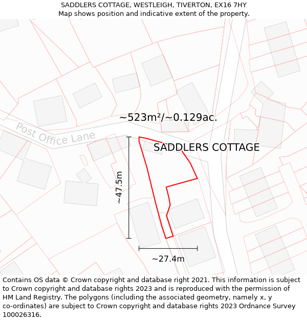 SADDLERS COTTAGE, WESTLEIGH, TIVERTON, EX16 7HY: Plot and title map