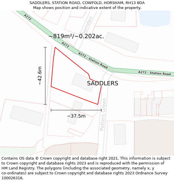 SADDLERS, STATION ROAD, COWFOLD, HORSHAM, RH13 8DA: Plot and title map