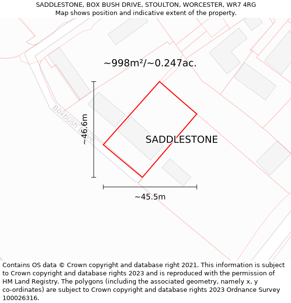 SADDLESTONE, BOX BUSH DRIVE, STOULTON, WORCESTER, WR7 4RG: Plot and title map