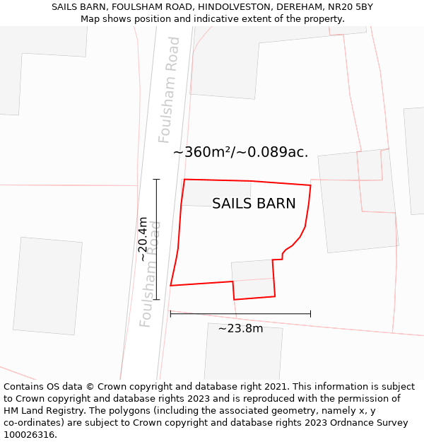 SAILS BARN, FOULSHAM ROAD, HINDOLVESTON, DEREHAM, NR20 5BY: Plot and title map