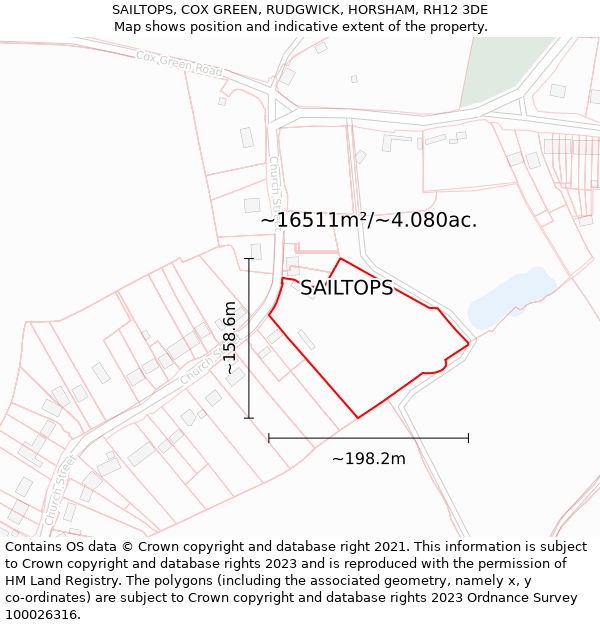 SAILTOPS, COX GREEN, RUDGWICK, HORSHAM, RH12 3DE: Plot and title map