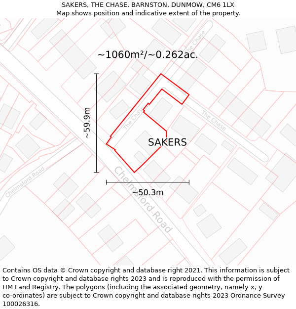 SAKERS, THE CHASE, BARNSTON, DUNMOW, CM6 1LX: Plot and title map