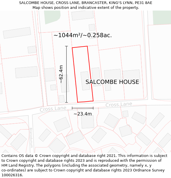 SALCOMBE HOUSE, CROSS LANE, BRANCASTER, KING'S LYNN, PE31 8AE: Plot and title map