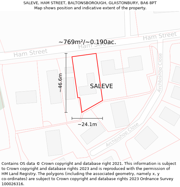 SALEVE, HAM STREET, BALTONSBOROUGH, GLASTONBURY, BA6 8PT: Plot and title map