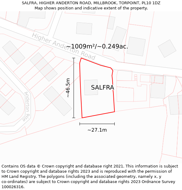 SALFRA, HIGHER ANDERTON ROAD, MILLBROOK, TORPOINT, PL10 1DZ: Plot and title map