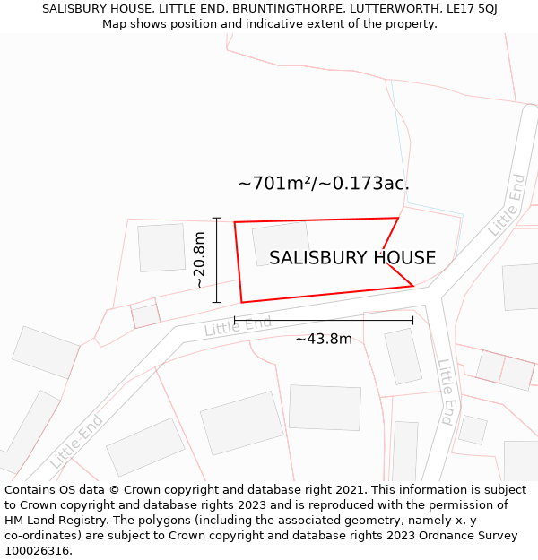 SALISBURY HOUSE, LITTLE END, BRUNTINGTHORPE, LUTTERWORTH, LE17 5QJ: Plot and title map