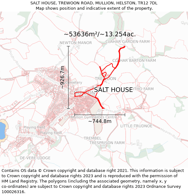 SALT HOUSE, TREWOON ROAD, MULLION, HELSTON, TR12 7DL: Plot and title map