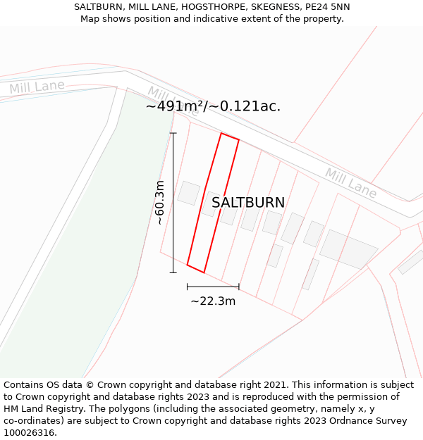 SALTBURN, MILL LANE, HOGSTHORPE, SKEGNESS, PE24 5NN: Plot and title map