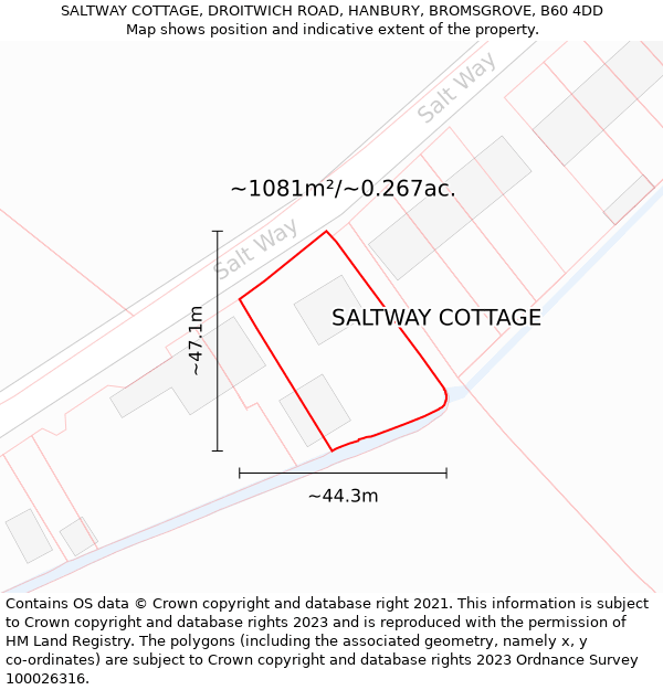 SALTWAY COTTAGE, DROITWICH ROAD, HANBURY, BROMSGROVE, B60 4DD: Plot and title map