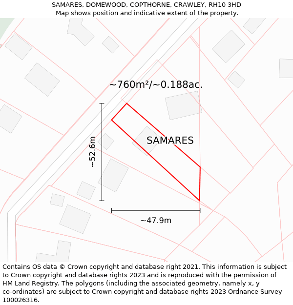 SAMARES, DOMEWOOD, COPTHORNE, CRAWLEY, RH10 3HD: Plot and title map