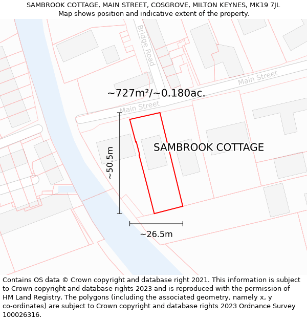 SAMBROOK COTTAGE, MAIN STREET, COSGROVE, MILTON KEYNES, MK19 7JL: Plot and title map