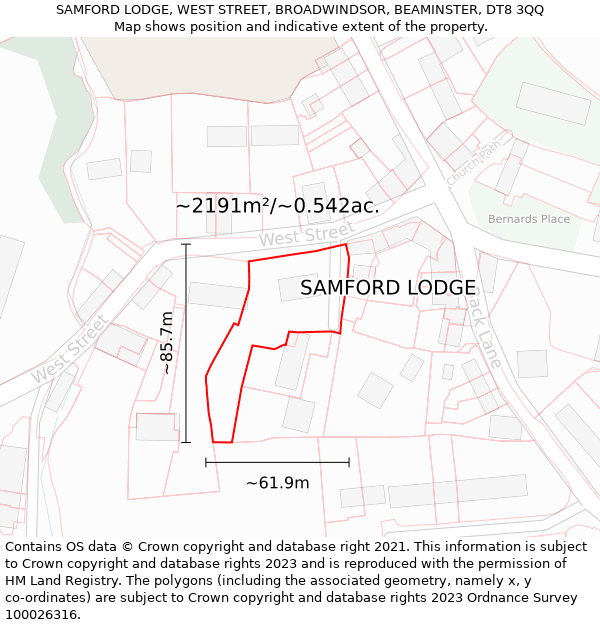 SAMFORD LODGE, WEST STREET, BROADWINDSOR, BEAMINSTER, DT8 3QQ: Plot and title map