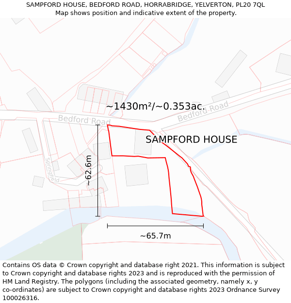SAMPFORD HOUSE, BEDFORD ROAD, HORRABRIDGE, YELVERTON, PL20 7QL: Plot and title map