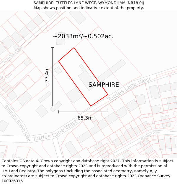 SAMPHIRE, TUTTLES LANE WEST, WYMONDHAM, NR18 0JJ: Plot and title map