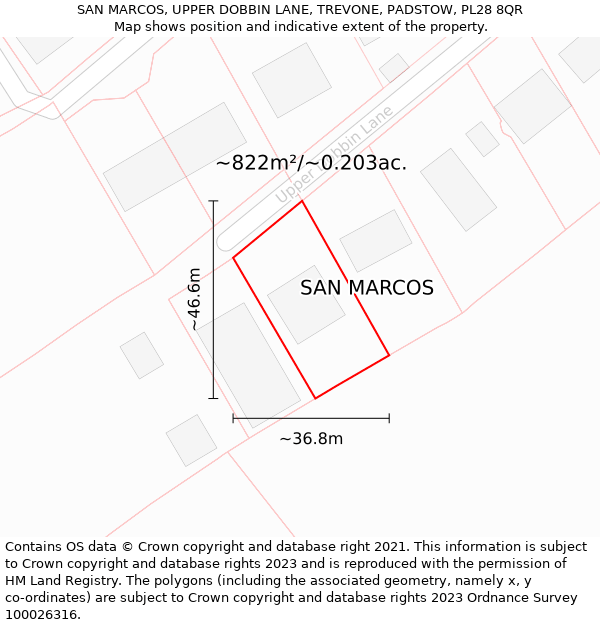 SAN MARCOS, UPPER DOBBIN LANE, TREVONE, PADSTOW, PL28 8QR: Plot and title map