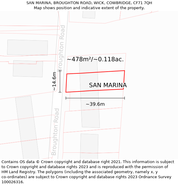 SAN MARINA, BROUGHTON ROAD, WICK, COWBRIDGE, CF71 7QH: Plot and title map