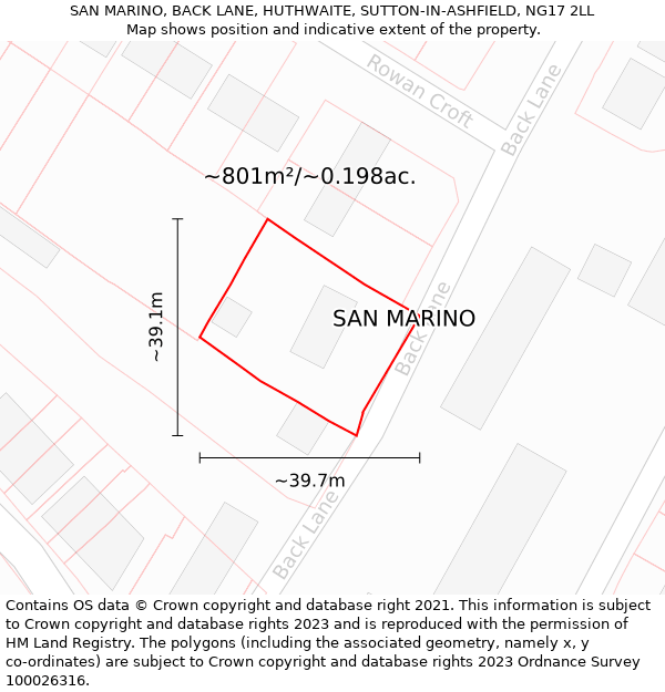 SAN MARINO, BACK LANE, HUTHWAITE, SUTTON-IN-ASHFIELD, NG17 2LL: Plot and title map