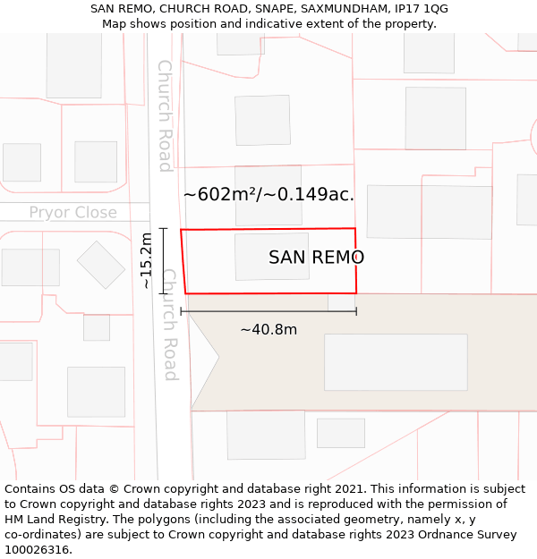 SAN REMO, CHURCH ROAD, SNAPE, SAXMUNDHAM, IP17 1QG: Plot and title map