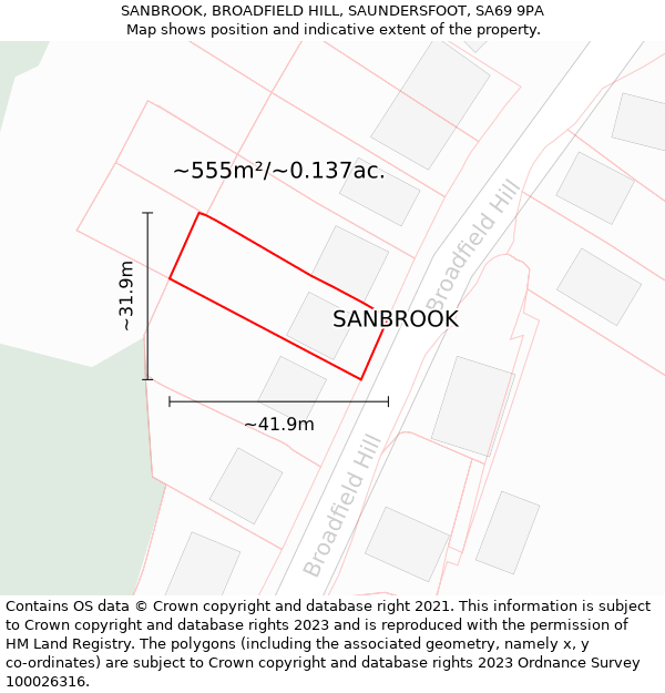 SANBROOK, BROADFIELD HILL, SAUNDERSFOOT, SA69 9PA: Plot and title map