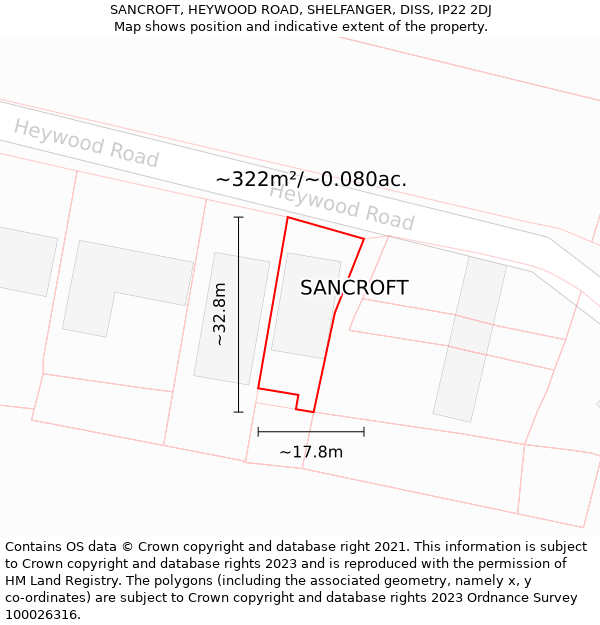 SANCROFT, HEYWOOD ROAD, SHELFANGER, DISS, IP22 2DJ: Plot and title map