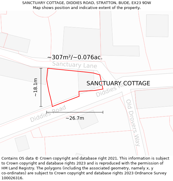 SANCTUARY COTTAGE, DIDDIES ROAD, STRATTON, BUDE, EX23 9DW: Plot and title map