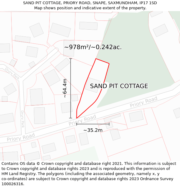 SAND PIT COTTAGE, PRIORY ROAD, SNAPE, SAXMUNDHAM, IP17 1SD: Plot and title map