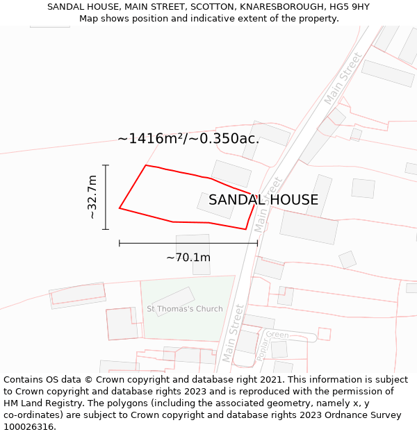 SANDAL HOUSE, MAIN STREET, SCOTTON, KNARESBOROUGH, HG5 9HY: Plot and title map