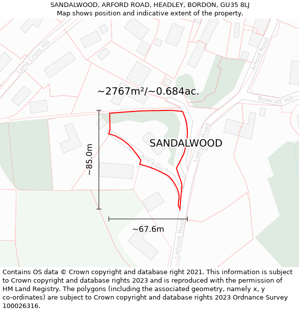 SANDALWOOD, ARFORD ROAD, HEADLEY, BORDON, GU35 8LJ: Plot and title map