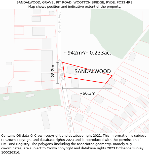 SANDALWOOD, GRAVEL PIT ROAD, WOOTTON BRIDGE, RYDE, PO33 4RB: Plot and title map
